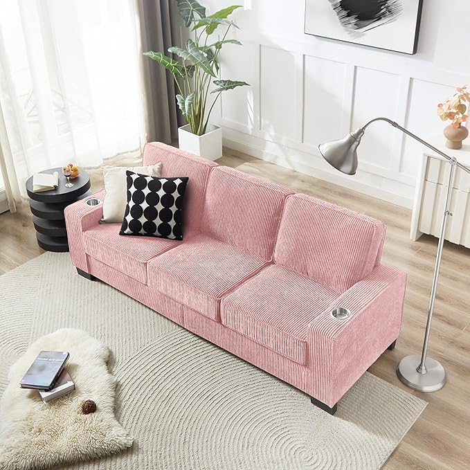 83" Modern Cloud Sofas for Living Room Bedroom, 3 Seat Modular Couch Soft Corduroy Upholstered Loveseat Couches with Cupholders for Home Apartment Office Studio