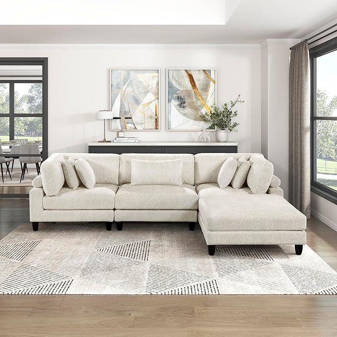 Lexicon 120 Inch Modular Sectional Sofa - Oversized 4 Seater Microfiber L Shaped Sectional Couch with Ottoman, 5 Accent Pillows, and Flexible Arrangement for Modern Living Rooms, Beige