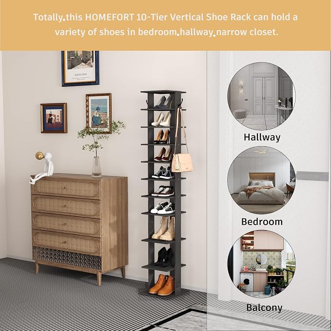 HOMEFORT 10-Tier Vertical Shoe Rack, Corner Shoe Tower, Slim Shoe Organizer with Two Hanging Hooks, Wooden Shoe Storage Stand for Entryway, Hallway, Closet (Black) - Image 6