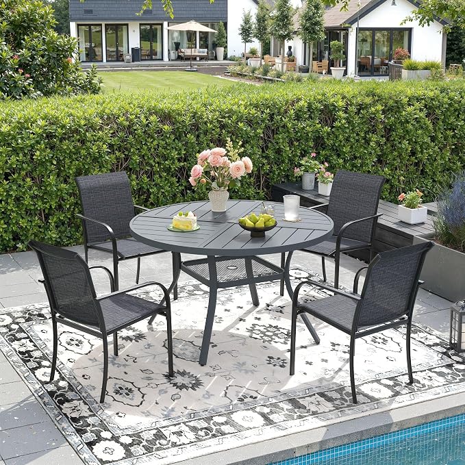 DIFY Patio Dining Set for 4, 5 Piece Outdoor Table and Chairs Set, 40.6" Round Metal Patio Dining Table and 4 Textilene Stackable Patio Chairs, for Backyard Garden Poolside, Grey by DIFY