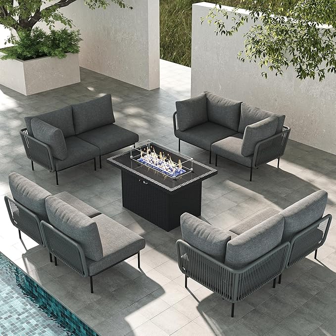 LayinSun 9 Pieces Aluminum Patio Furniture Set, Modern Modular Sectional Sofa with Fire Pit Table and Upgrade Thickness Cushion