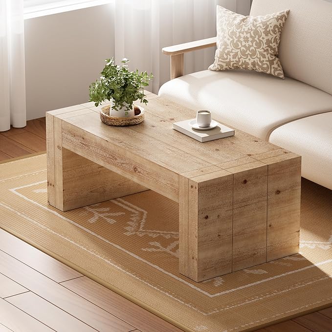 COZAYH Modern Rustic Wood Coffee Table with Thick Legs, Rectangular Living Room Center Table, Natural Finish Design, Sturdy Farmhouse Style for Home Decor, Office, Brown