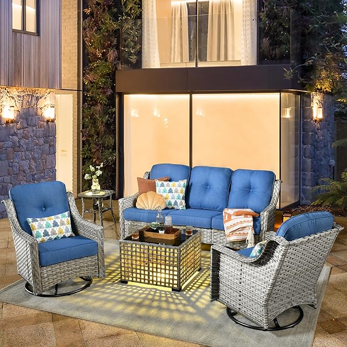 HOOOWOOO 5 Piece Patio Furniture Conversation Sets with Swivel Rocking Chairs,Outdoor Wicker Furniture with LED Tablet,All Weather Resistant High Back Rattan Conversational Set(Diamond Blue)