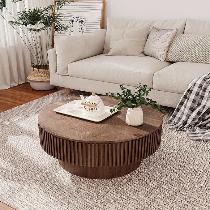 31.5'' Round Coffee Table with Storage, Modern Luxury Circle Drum Center Tables with Solid Wood Veneered, Accent Side Coffee Table for Living Room, Bedroom, Apartment-Walnut