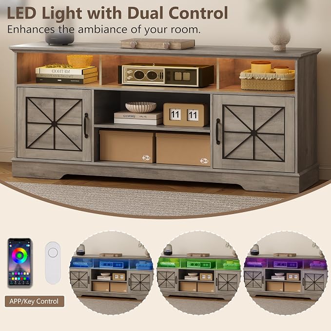 TV Stand for 65 Inch TV, Farmhouse Entertainment Center with RGB LED Lights, 59 Inch Media Console with Adjustable Center Shelf and Storage Cabinets, Rustic Barn Door Style - Image 4