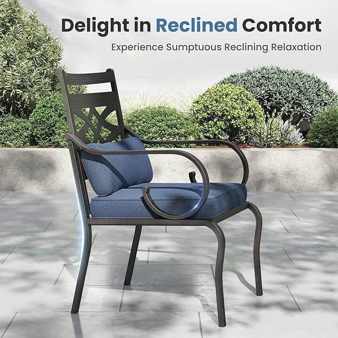 PHI VILLA 7 Pieces Outdoor Dining Set for 6, 54" Round Black Metal Table with Umbrella Hole & Wrought Iron Chairs, Large Outside Furniture with Blue Cushions & Pillows for Patio, Deck, Porch - Image 3