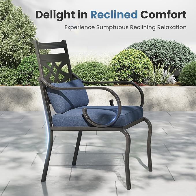 PHI VILLA 5 Pieces Outdoor Dining Set for 4, 42" Round Black Metal Table with Umbrella Hole & Wrought Iron Chairs, Large Outside Furniture with Blue Cushions & Pillows for Patio, Deck, Porch - Image 3
