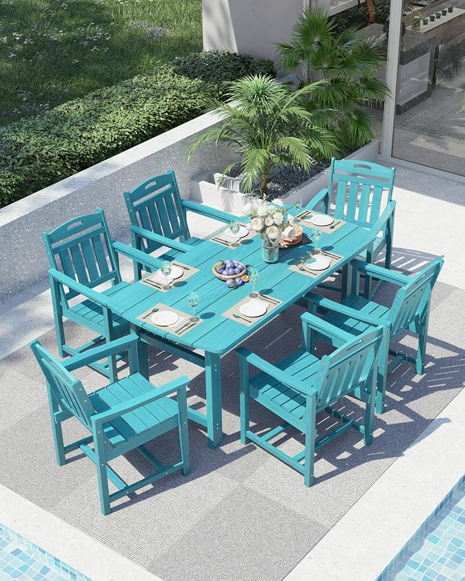Ciokea HDPE Outdoor Dining Table with Umbrella Hole,66" Rectangle Patio Table for 6,All-Weather Outdoor Patio Furniture Set for Garden Backyard, Lake Blue - Image 8