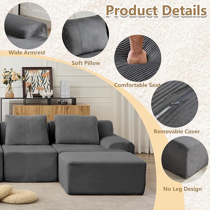 KIGOTY Modular Sectional Sofa Set, 5 PCS Comfy Cloud Sectional Couch with Deep Seat, Sleeper Sofa Bed with Ottoman, Modern Boneless Couch for Living Room, No Assembly Required,Grey