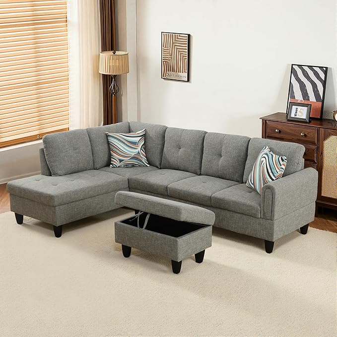 NicBex Modular L-Shaped Sectional Couches, 3-Piece Convertible Couch with Storage Ottoman, 4-Seat Comfy Sofa with Chaise for Living Room & Apartment, Grey