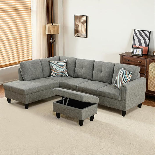 NicBex Modular L-Shaped Sectional Couches, 3-Piece Convertible Couch with Storage Ottoman, 4-Seat Comfy Sofa with Chaise for Living Room & Apartment, Grey