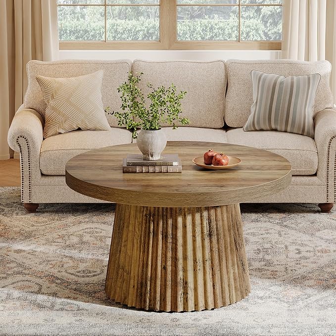 Tribesigns Coffee Table, 31.5" Small Farmhouse Round Coffee Tables with Fluted Drum Base, Mid Century Modern Boho Accent Center Table for Living Room, Apartment, Small Space, Brown