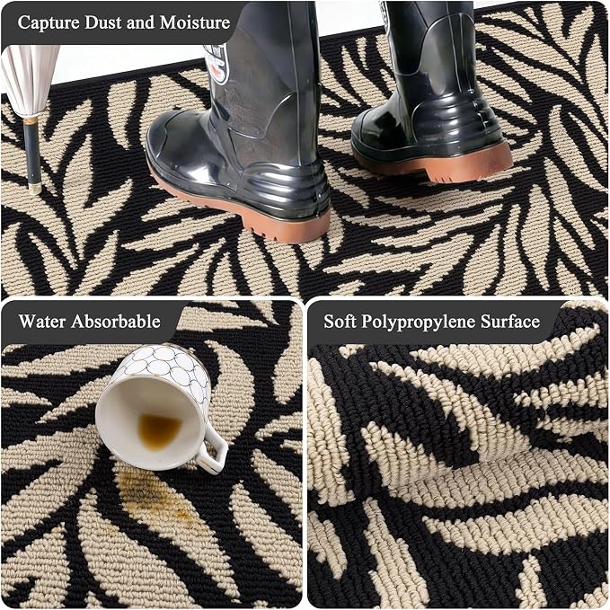 Ileading Indoor Door Mat 2x3ft, Absorbent Dog Muddy Paws Mats, Low-Profile Leaves Small Entrance Runner Carpet with Non-Slip Rubber Backing, Washable Inside Welcome Mat for Hallway,Kitchen (Black) - Image 8