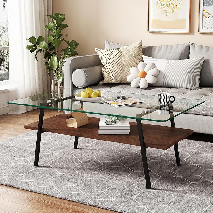 IANIYA Glass Coffee Table for Living Room Small Gold Mid Century Coffee Table for Living Room with Wood Shelves (Black Frame, Transparent Glass + Brown Wood)