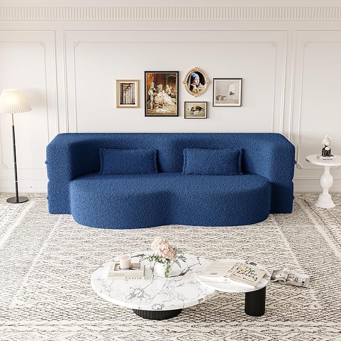 Ball & Cast 78" Floor Sofa Bed with 2 Pillows,Convertible Teddy Fabric Foam-Filled Sleeper Sofa Bed,Pull Out Couch Full Size Folding Mattress for Living Room,Playroom,No Assembly Required,Blue