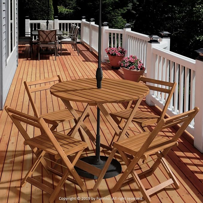Furinno TIOMAN Folding Patio Dining Table, 35-Inch Round Outdoor Wooden Table with Umbrella Hole, 2-4 Person Patio Table for Garden, Balcony, Porch, Light Wood - Image 3