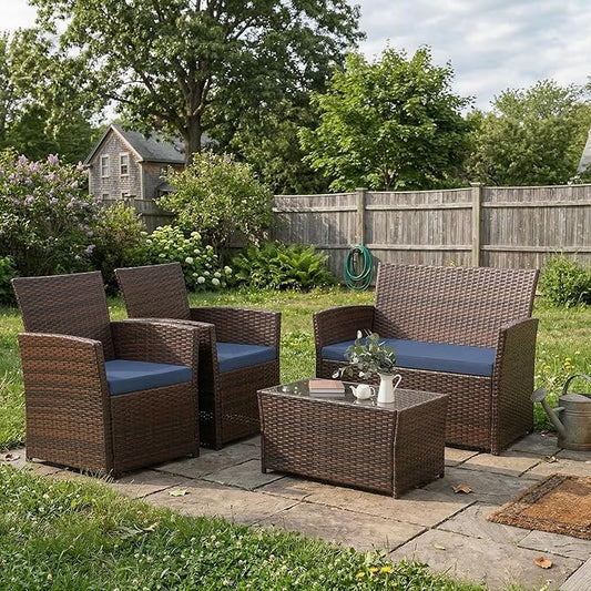 FHFO 4 Piece Outdoor Patio Furniture Sets, Patio Sectional Furniture Conversation Sofa Set, Rattan Table and Chairs and Loveseat with Cushions for Outside Balcony Porch Backyard (Brown-Blue)