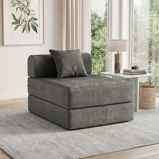 31.5'' Convertible Compressed Corduroy Folding Cloud Sofa Bed, Modern Boneless Pull Out Sleeper Sofa Couch in a Box, 3 in 1 Portable Lazy Floor Lounge Chair, for Small Space, Grey, Pillow, Single