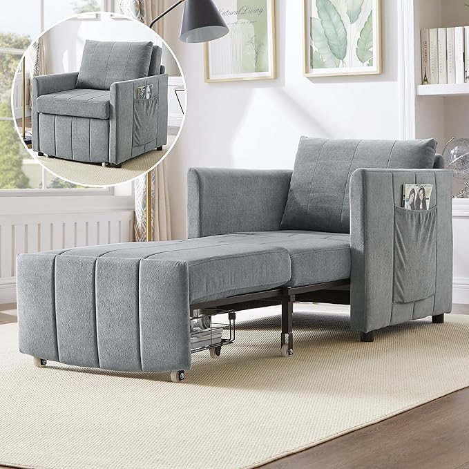 Merax Modern 3-in-1 Convertible Sofa Bed Pull-Out Sleeper Lounger with 5-Position Adjustable Backrest, Upholstered Single Recliner with Side Pockets & Storge Basket for Small Space Grey