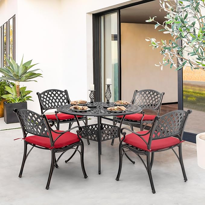 NUU GARDEN 5 Piece Patio Dining Set, Cast Aluminum Outdoor Dining Sets with Red Cushions, Round Patio Dining Table with Umbrella Hole for Garden, Backyard, Balcony, Black with Bronze Edge - Image 2