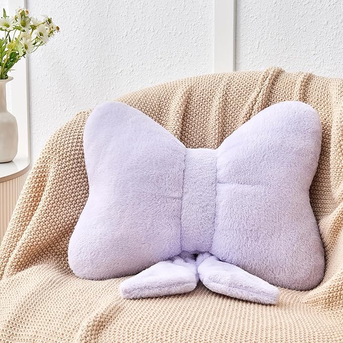 Lavender Bow Pillow,12'' Bow Decorative Pillows with Faux Rabbit Fur,Soft Bow Throw Pillows Aesthetic Bow Shaped Pillow for Bed Sofa Couch Home Decor