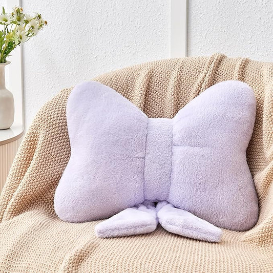 Lavender Bow Pillow,16'' Bow Decorative Pillows with Faux Rabbit Fur,Soft Bow Throw Pillows Aesthetic Bow Shaped Pillow for Bed Sofa Couch Home Decor