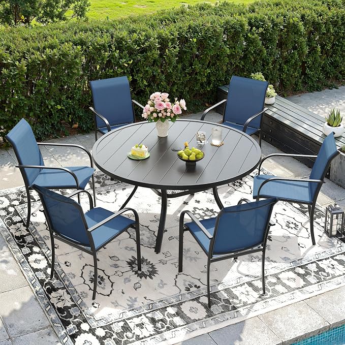 DIFY Outdoor Dining Set for 6, Patio Dining Furniture Set Includes 47.2" Black Round Table with Adjustable Umbrella Hole and 6 Blue Stackable Metal Chairs for Poolside, Garden, Backyard by DIFY
