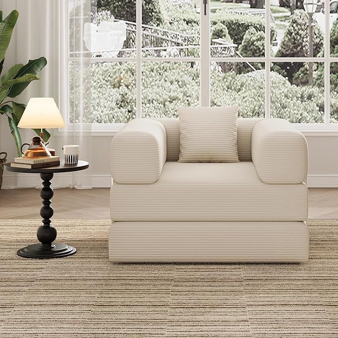 Folding Sofa Bed, 2 in 1 Convertible Sofas to Lounger Comfy Single Bean Bag Chair Floor Portable Foldable Sleeper Lazy Futon Couch Chair for Bedroom, Living Room (Beige, 35.43" Single Sofa)