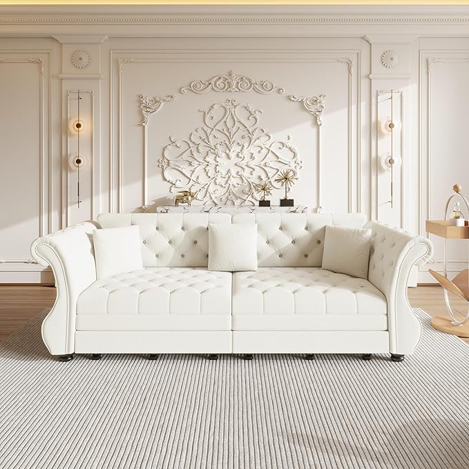 Eafurn Oversized 4-Seater Chesterfield Loveseat Convertible King Size Sleeper Couch Bed,Classic Tufted Velvet Pull Out Loveseat Sofa Bed with Roll Armrest and Solid Wood Legs