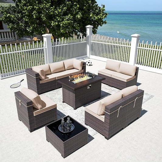 10 Pieces Outdoor Patio Furniture Set,Outdoor Sectional Furniture with 43" 55000 BTU Gas Propane Fire Pit Table,All Weather PE Rattan Wicker Patio Conversation Set,Sand
