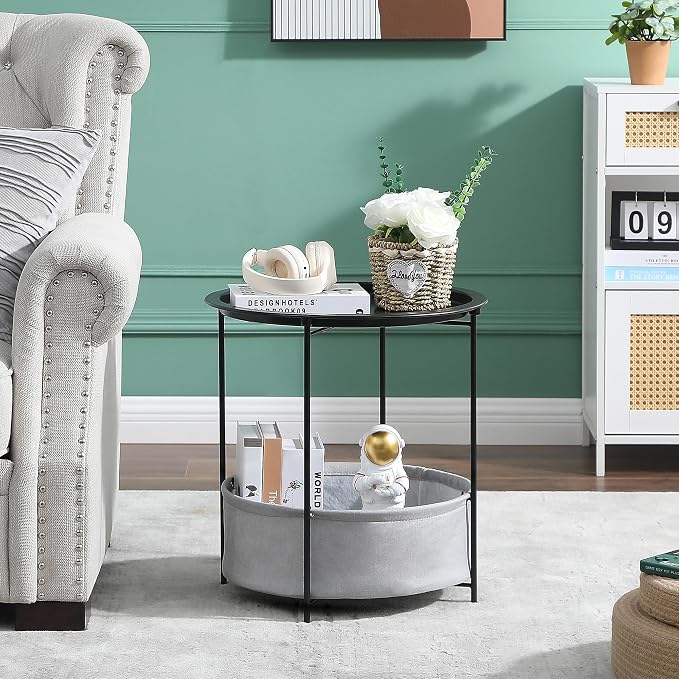 VECELO Round Side/End Table with Fabric Storage Basket，Metal Anti-Rust and Waterproof Small Bedside Nightstand with Removable Tray Top for Living Room，Balcony & Laundry，Black /1pcs with Basket - Image 2