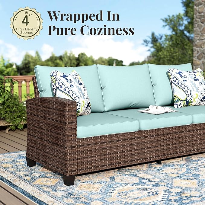 Swivel Glider Patio Furniture Set, 8 Pcs Wicker Rattan Outdoor Conversation Set, 2 x Swivel Chairs, 2 x Leg Chairs, 1 x 3 Seater Sofa and 2 x Ottomans and 56" Fire Pit Table, Blue