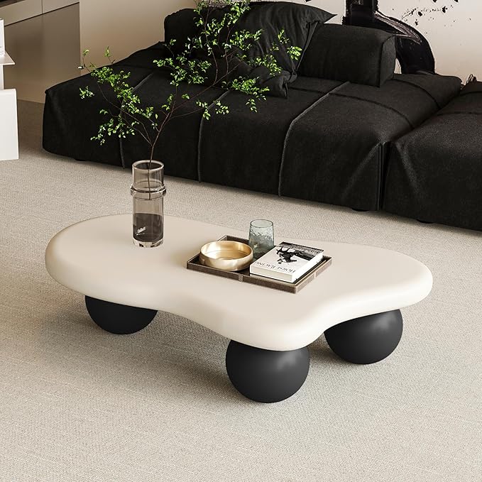 40” Cloud Coffee Table with 3 Ball Legs, Modern Irregular Center Table for Living Room, Low Cute Small MDF Tea Table for Bedroom, Space Apartment-White Black