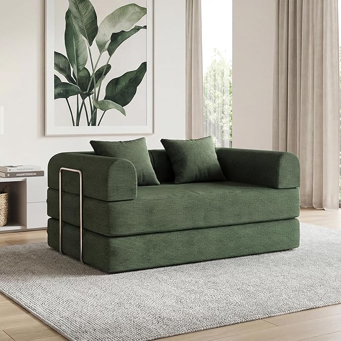 53.15'' Convertible Compressed Corduroy Folding Cloud Sofa Bed, Modern Boneless Pull Out Loveseat Sleeper in a Box, 4 in 1 Floor Mattress Futon Cloud Couch, No Assembly Needed, Green, 2 Pillows, Full