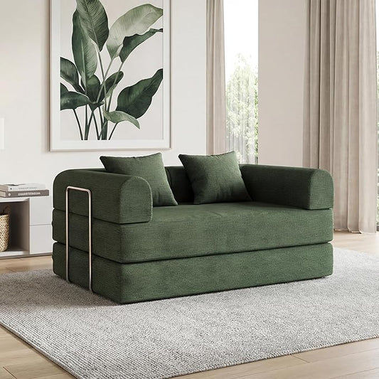 53.15'' Convertible Compressed Corduroy Folding Cloud Sofa Bed, Modern Boneless Pull Out Loveseat Sleeper in a Box, 4 in 1 Floor Mattress Futon Cloud Couch, No Assembly Needed, Green, 2 Pillows, Full