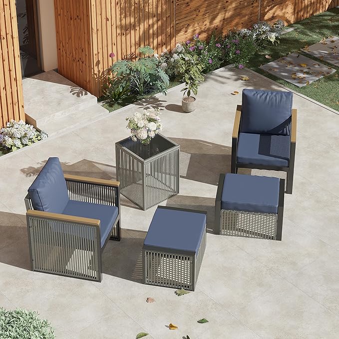 HOMREST 5 Pieces Patio Set Outdoor Furniture Set with Wood Armrest, Modern Chair Patio Conversation Sets with Ottomans and Coffee Table for Garden Balcony Backyard Poolside (Blue)
