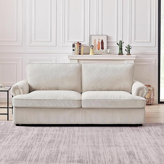 Reversible Sleeper Sofa Bed with Comfortable Memory Foam Mattress, Convertible Corduroy Full Size Pull Out Couch for Living Room, Space Saving Furniture, 76" Wide, Rounded Arms, Ivory