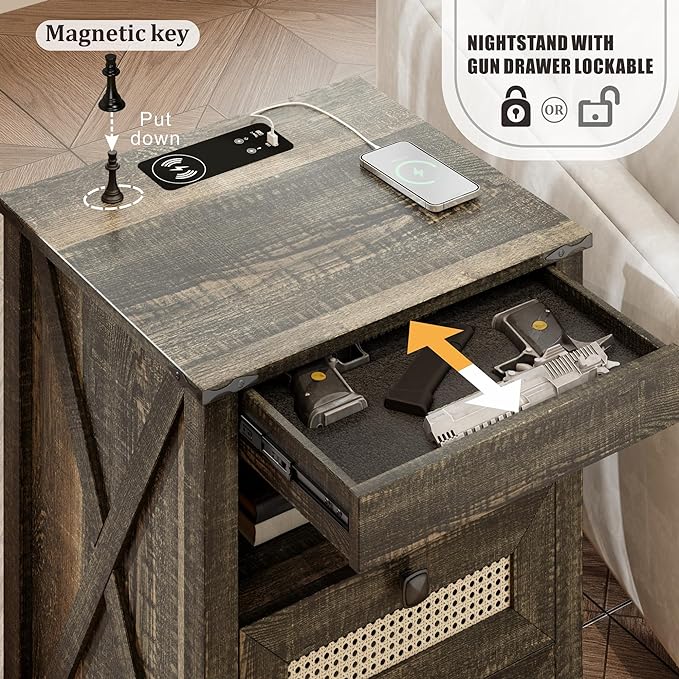 FREDEES Rustic Nightstand with Gun Drawer, End Table with Charging Station, LED Bedside Table with Human Sensor Light, Rattan Night Stand for Bedroom, Brown - Image 3