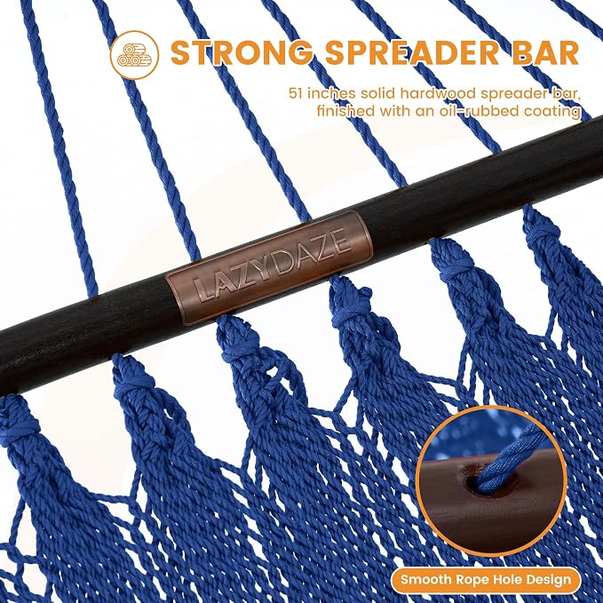 Lazy Daze Hammocks 10.5 FT Double 2 Person Caribbean Rope Hammock, Hand Woven Polyester Hammock with Spreader Bars, for Outside Outdoor Backyard Patio Poolside, 450 LBS Capacity, Blue - Image 5