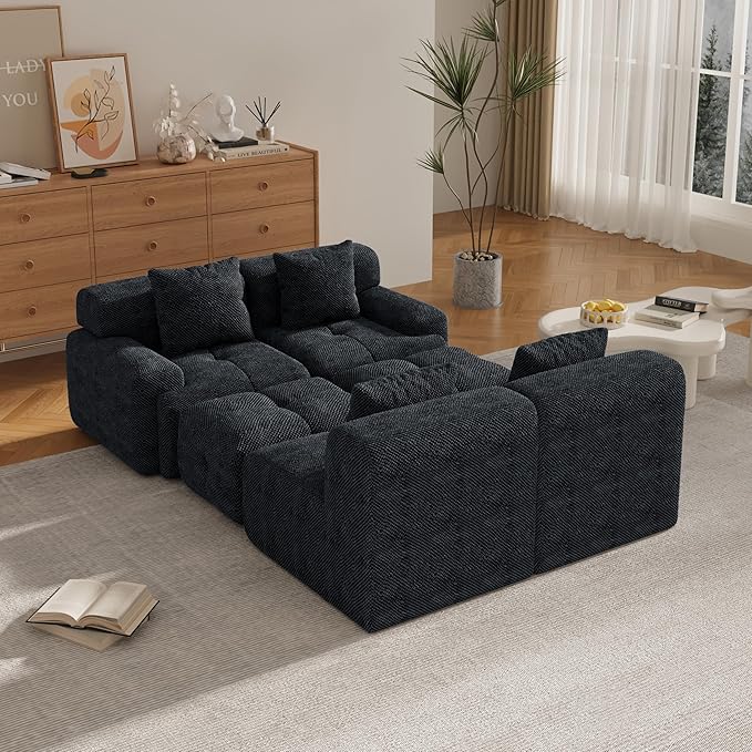 135" U-Shaped Compressed Sectional Cloud Sofa, Flannel Upholstered Modular Tufted Sofa with 6 Pieces, Symmetrical Boneless Foam Modular Cloud Couches for Living Room