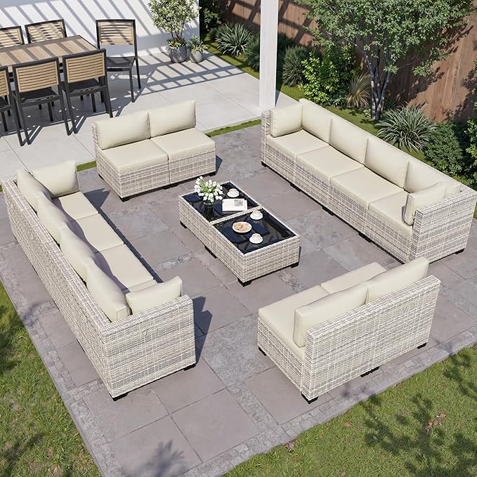 14-Piece Outdoor Patio Furniture Set, PE Wicker Rattan Sectional Sofa Conversation Set with Tempered Glass Table & Thick Cushions - All-Weather Garden, Backyard Furniture, White