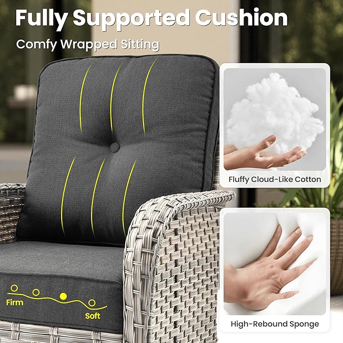 ovios 9-Piece Patio Furniture Set with L-Shape Sofa Chaise, Outdoor Sectional Couch Swivel Gliders Fire Pit Table Solar Table, Modern Modular Wicker Rattan Conversation Set, Black