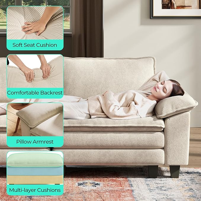 LINSY HOME Modular Sectional Sofa - 123 Inch Oversized Corduroy Cloud Couch with Movable Ottoman Soft Modern Comfy Sofa Set for Living Room Apartment Office, Beige