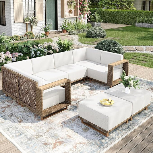 Patio Sectional Furniture Set, 6 Piece Outdoor Wicker Sofa Patio Couch Set, Yellow Rattan Modular Outdoor Conversation Sets with 10" Thick Cushions for Deck Lawn Garden