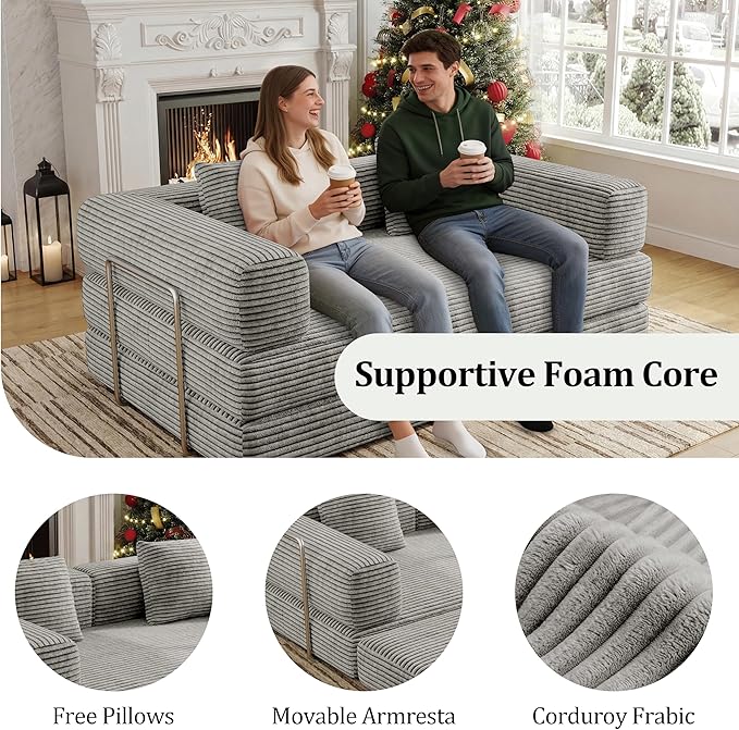 4 in 1 Futon Sofa Bed Queen Size - Foldable Convertible Sleeper Sofa Couch with L-Shaped Armrests Space Saving Floor Mattress for Bedroom & Dorm(Light Gray, 59” 2 Seat)