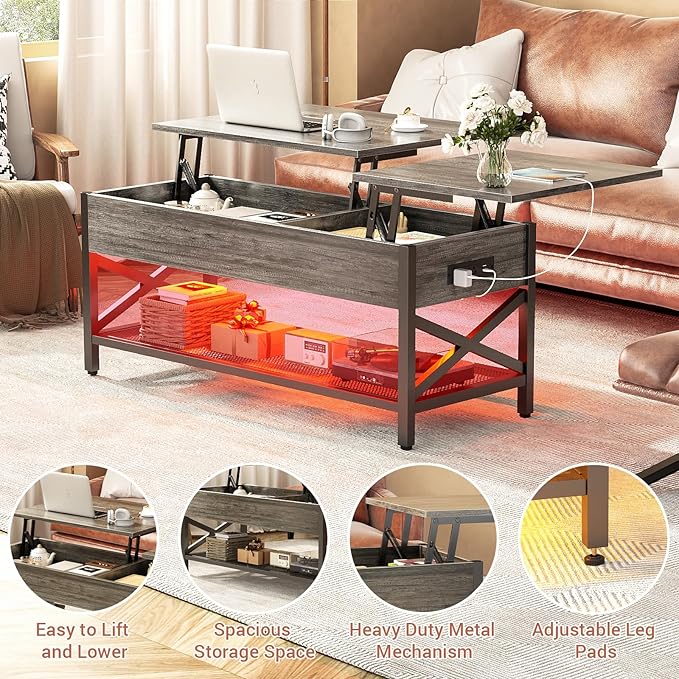 Coffee Table, Lift Top Coffee Table with Storage, LED Light & Power Outlet and Hidden Compartment, Retro Center Table for Living Room, X Support Wood Tabletop, Metal Frame, Black Oak