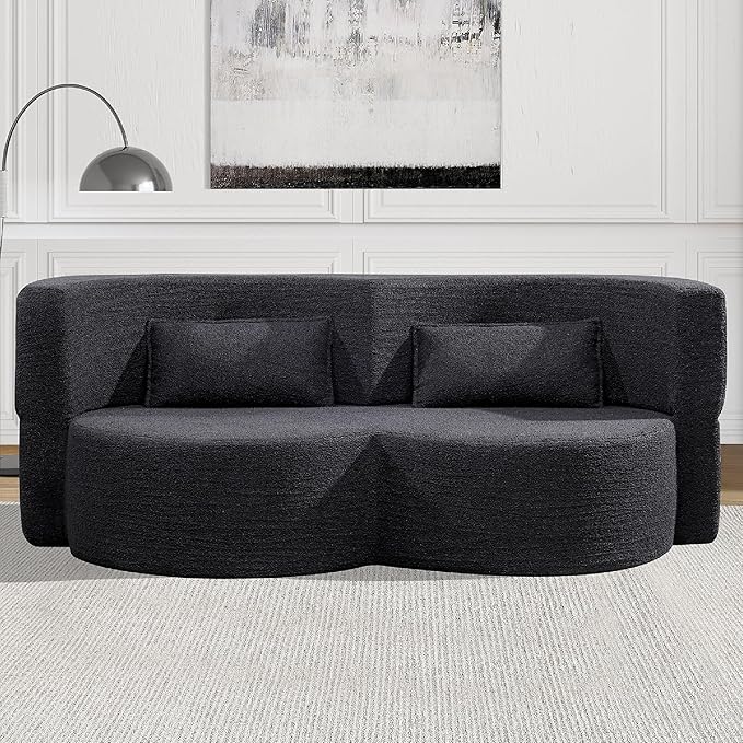 KEIKI 79" Convertible Floor Sofa Bed, Fold ‌Teddy Sleeper Cloud Couch with Storage & Deep Seat, Comfy Upholstery Curved Boneless Futon Couches, 2-in-1 Sofas for Living Room Bedroom, No Assembly, Black