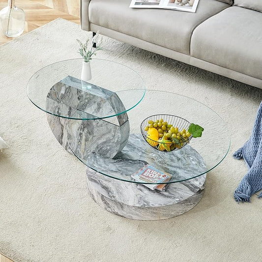 42" Glass Coffee Table, Round Coffee Table, 2-Tier Tempered Glass Tabletop with Grey Faux Marble Base, Modern Center Table for Living Room, Home, Apartment, Ideal for Small Space