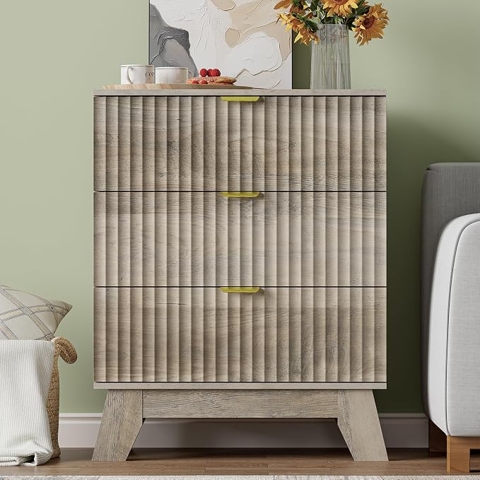 Nightstand Set of 2 with 3 Large Drawers,24" Wide End Table with Curved Metal Handles,Fluted Wood Small Dresser,Bedside Table,Modern Chest of Drawers for Bedroom,Living Room, Grey - Image 3