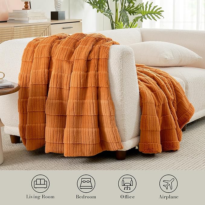 Amélie Home Luxury Striped Faux Fur Throw Blanket for Bed Queen Size, Soft Cozy Fuzzy Fluffy Plush Gift Blankets for Women, 88"x90", Brown